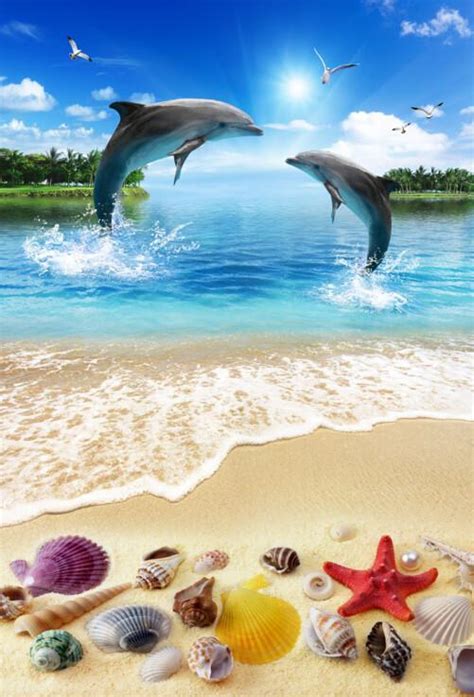 3d Beach Flying Dolphins Floor Mural Non Slip Waterproof And Removable