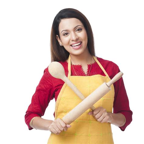 Woman Holding Rolling Pin And Wooden Spoon Stock Image Image Of Ladle Hair