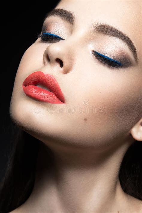Beautiful Woman With Evening Make Up Red Lips Beauty