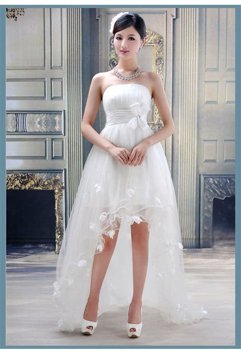hi low strapless beach wedding dresses with floral embellished short front long back sheer white