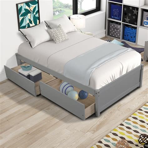Uhomepro Gray Bed Frame With Drawers Wooden Twin Platform Bed Frame