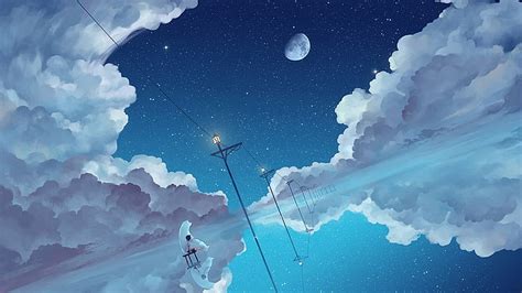 Hd Wallpaper Clouds And Moon Illustration Anime Anime Girls Bears