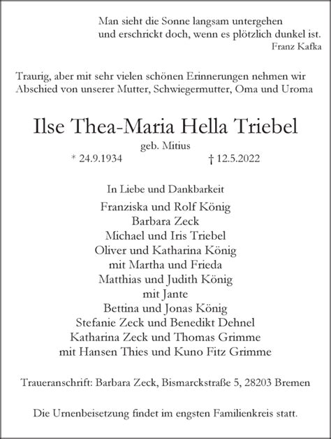 Traueranzeigen Von Ilse Thea Maria Hella Triebel Trauer Gedenken