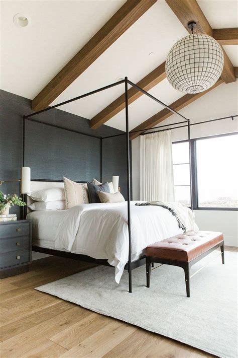 Bedroom With Vaulted Ceilings Beams And Round Pendant Modern Farmhouse Master Bedroom Home