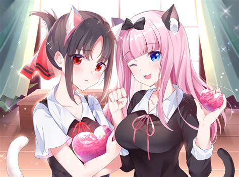 2girls Animal Ears Aqua Eyes Black Hair Blush Catgirl Cat Smile