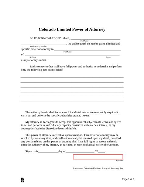 Free Colorado Limited Power Of Attorney Form Pdf Word Eforms