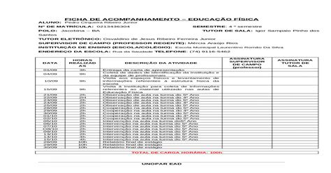 Ficha De Acompanhamento De Estágio Unopar