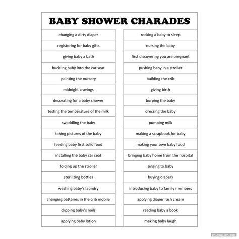 Baby Shower Charades Ideas Printable Gridgit