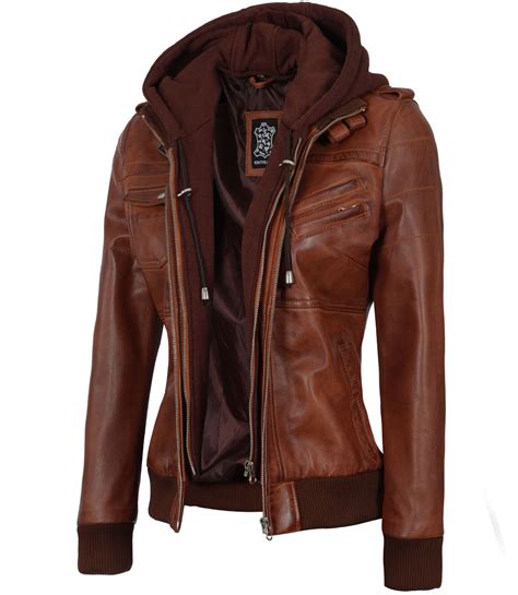 Womens Cognac Bomber Leather Jacket With Removable Hood In United Kingdom
