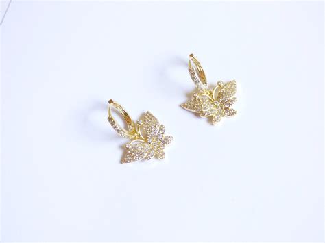 CZ Diamond Butterfly Charms Gold Hoop Earrings Delicate Etsy