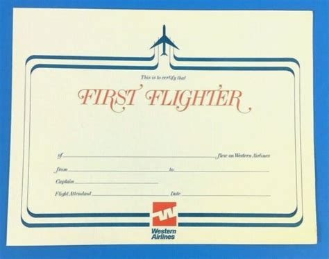 Western Airlines First Flighter In Flight Certificate 1978 Vg