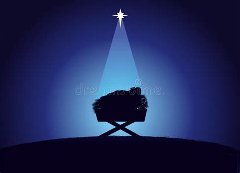 Christmas Scene Of Baby Jesus In The Manger In Silhouette Surrounded