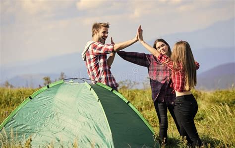 Total Relaxation Friends Camping Reach Destination Place Group Of