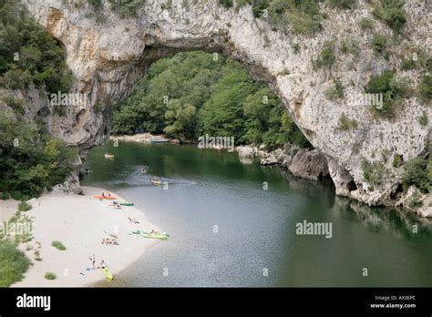 Canoe Kayak And Canoeist Pont Darc Natural Stone Rock Arch Ardeche