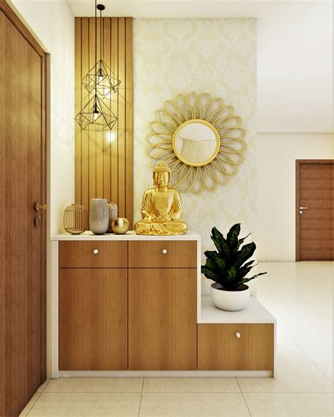 Modern Compact Foyer Design Idea With Beige Wallpaper Livspace