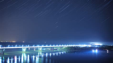 City Bridge Night Stars Lights Reflection River Urban Traffic
