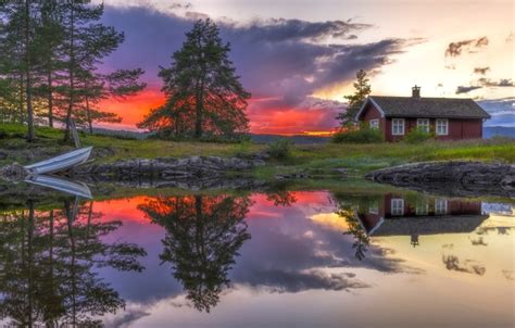 Wallpaper Trees Sunset Lake House Reflection Boat Norway Norway