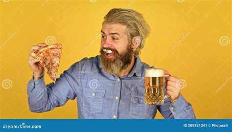 Man Watching Football While Drinking Beer And Eating Pizza Eating Pizza And Drinking Take Away