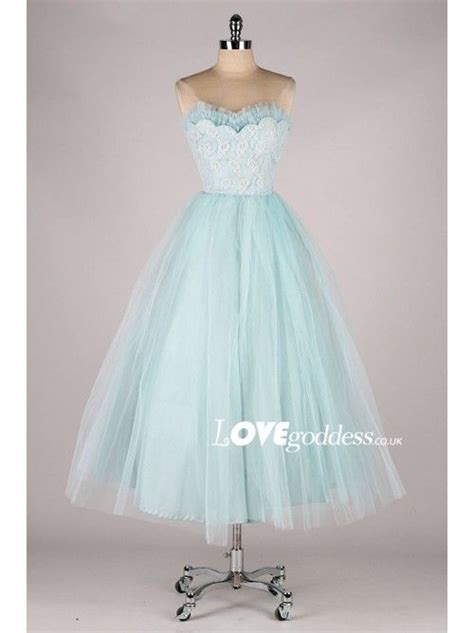 Light Blue Tulle Strapless Tea Length Party Dress Prom Dresses Prom