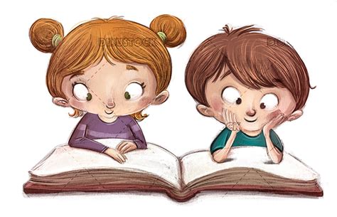 Niño Y Niña Leyendo Un Libro Dibustock Ilustraciones Infantiles De Stock