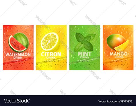 Set Labels With Fruit Drink Fresh Fruits Juice Vector Image
