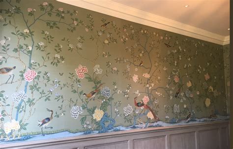 Chinoiserie Earlham On Pea Green Dyed Silk Wallpaper Hand Painted