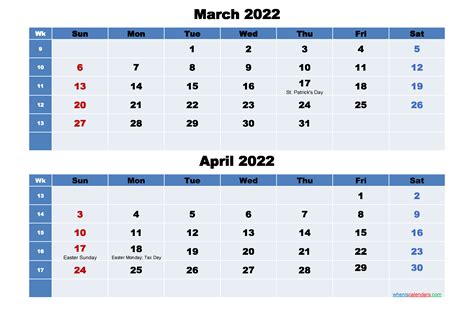 March And April 2022 Calendar With Holidays