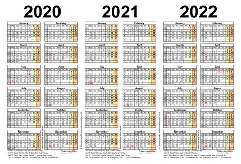 Three Year Calendars For 2020 2021 And 2022 Uk For Pdf