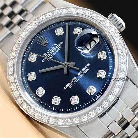 Water resistant to 100 meters. MENS ROLEX BLUE DIAMOND DIAL DATEJUST 18K WHITE GOLD ...