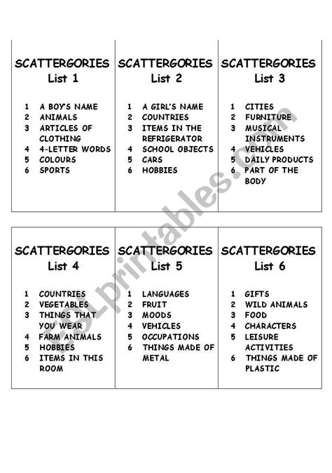 Free Printable Scattergories Lists