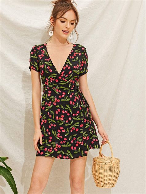 Surplice Wrap Cherry Print Dress Cherry Print Dress Print Dress Dresses