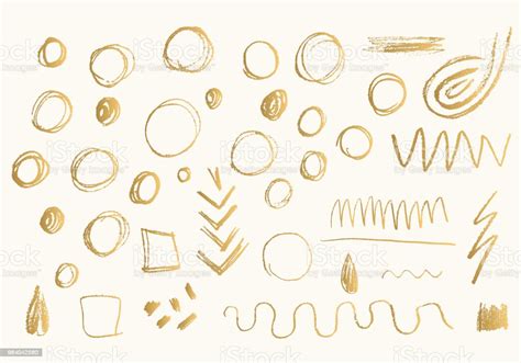 Set Of Gold Hand Drawn Doodle Pencil Scribbles Handmade Texture Stock