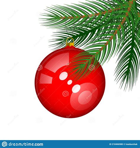 Green Vector Spruce Branch With A Shiny Red Christmas Tree Ball Stock
