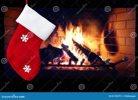 Red Christmas Sock And Fireplace In The Room Stock Image Image Of