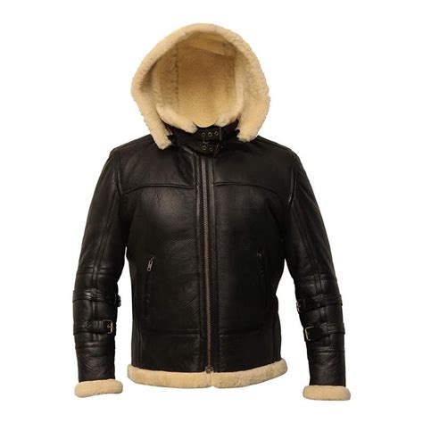B3 Black Bomber Real Shearling Leather Jacket Removable Hood Куртка