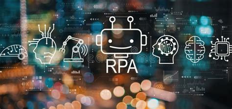 Robotic Process Automation Theme With Blurred City Lights Stock Image