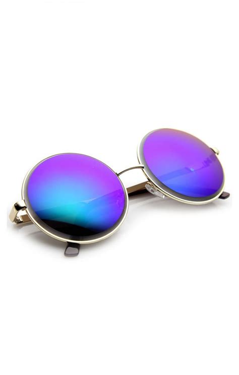 womens oversized metal etched lens flash mirror round sunglasses