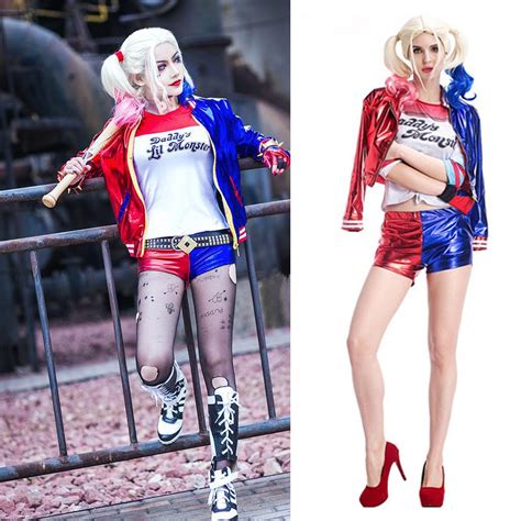 New Women Girls Harley Quinn T Shirts Top Jacket With Wig Costume