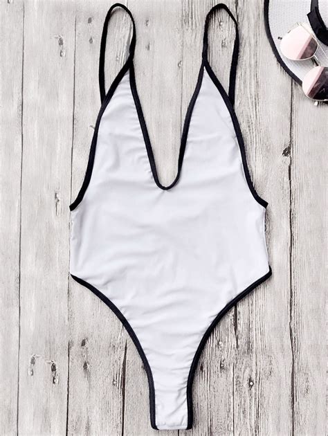 Contrast Piping High Cut One Piece Swimsuit In White Zaful 2023