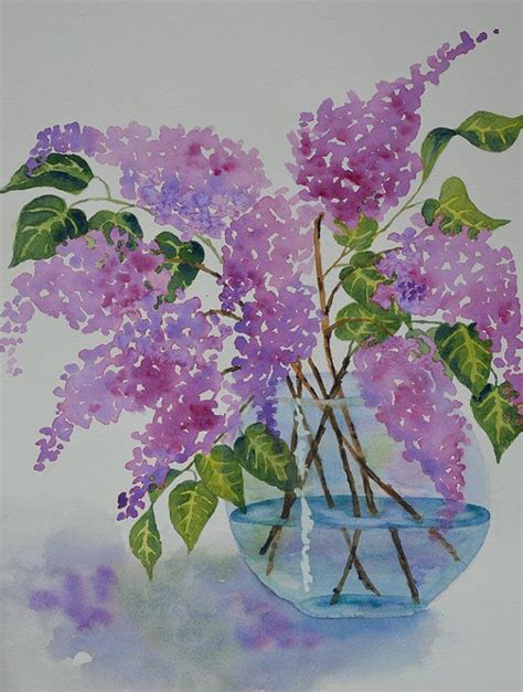Art Fine Art Watercolor Painting Of Bouquet Of Lilacs In A Clear Vase