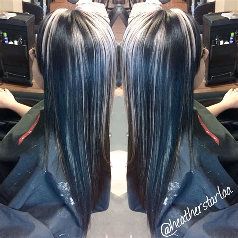 All Over Black Hair With Chunky Platinum Blonde Highlights
