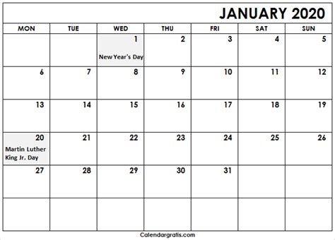 Printable January 2020 Calendar Template January 2020 Holidays