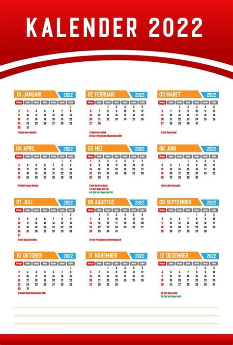 Indonesia 2022 Calendar Design With Holidays Set From January To