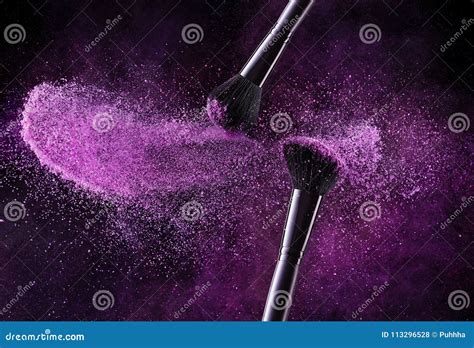 Cosmetic Brushes And Explosion Colorful Powders Stock Photo Image Of