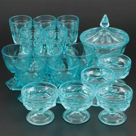 Fostoria Virginia Light Blue Pressed Glass Drinkware And Lidded Bowl Ebth