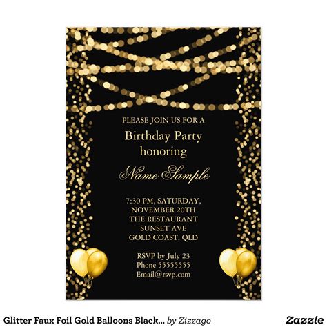 Glitter Faux Foil Gold Balloons Black Birthday Invitation | Zazzle.com