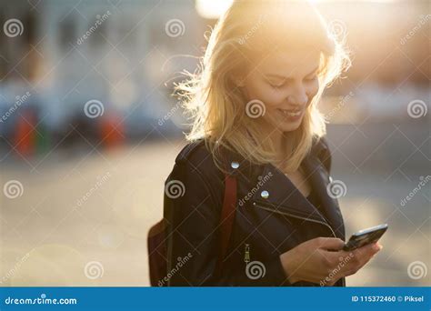 Young Woman Using Mobile Phone Outdoors Stock Photo Image Of City
