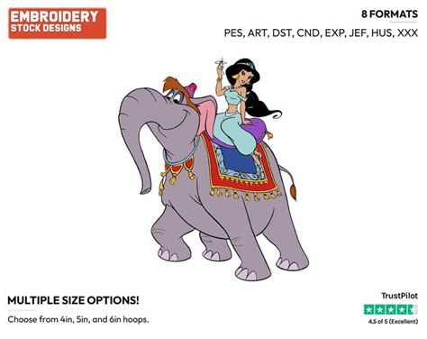 Jasmine Riding Elephant Abu Disneys Aladdin Embroidery Design In 4