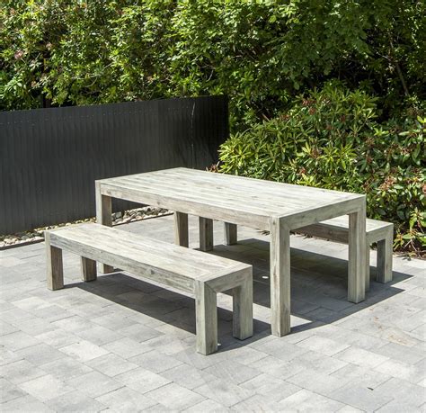 Modern Wooden Garden Dining Picnic Table And Benches In Grey Hardwood