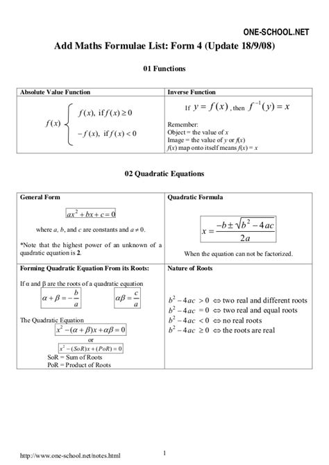 Form 4 (kssm) revision notes and videos. Spm add-maths-formula-list-form4-091022090639-phpapp01